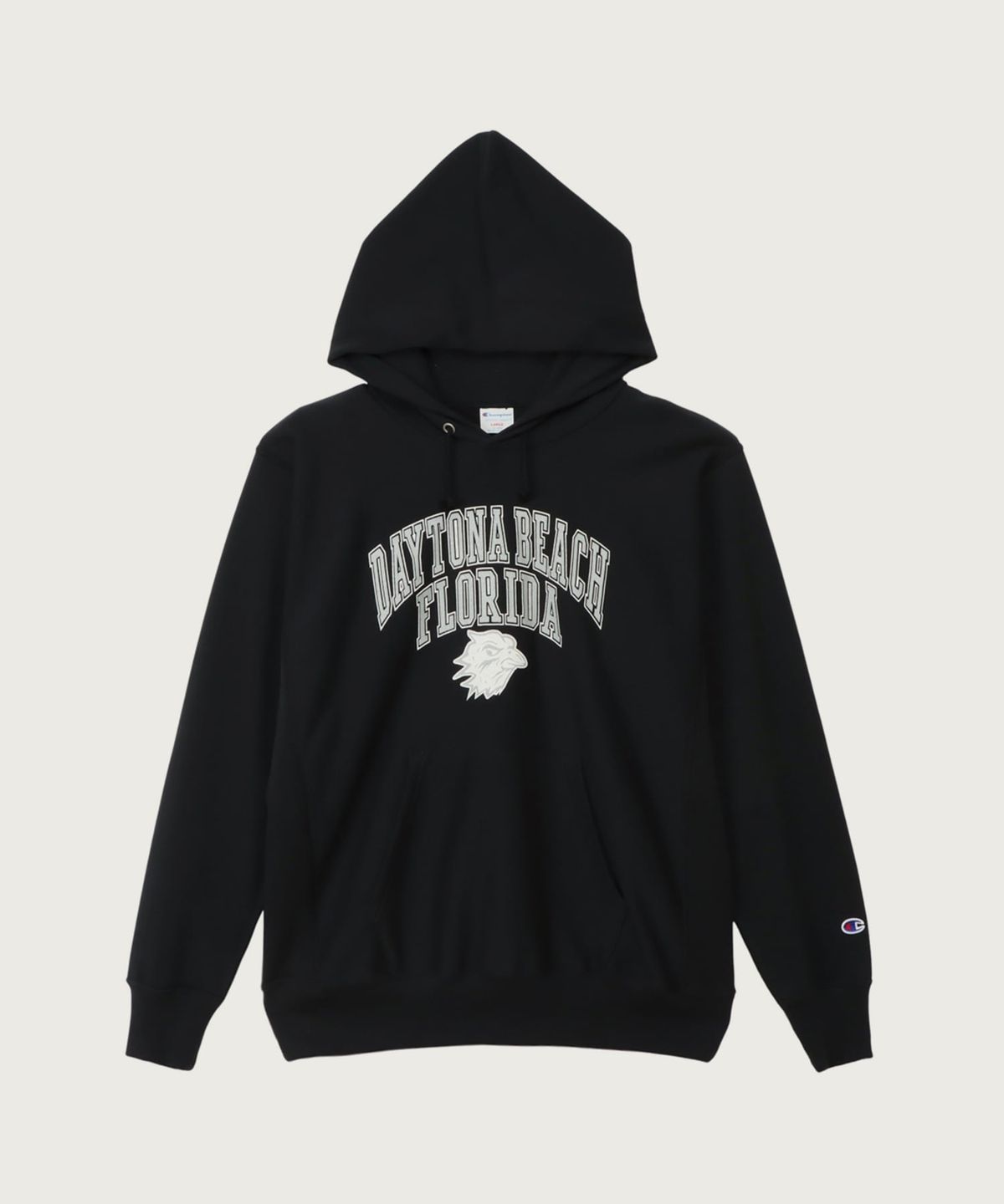 챔피온(CHAMPION) 리버스위브 루즈핏 그래픽 후드 티셔츠 Black