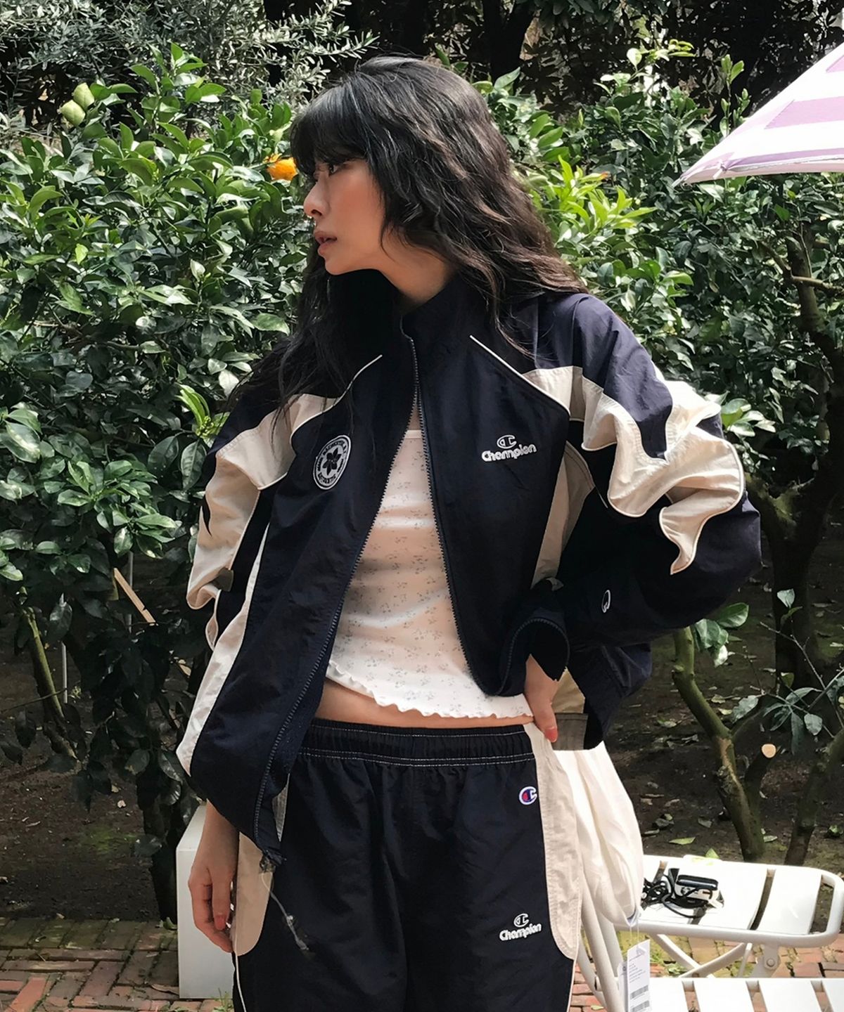 챔피온(CHAMPION) 트랙 로고 프로 컬러블록 트랙자켓 Navy