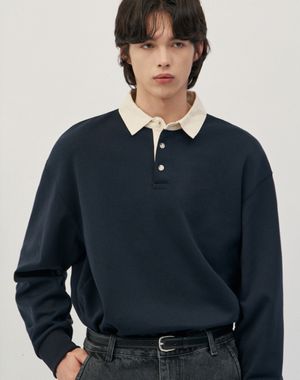 코튼 세미 오버핏 피케 티셔츠 [네이비]