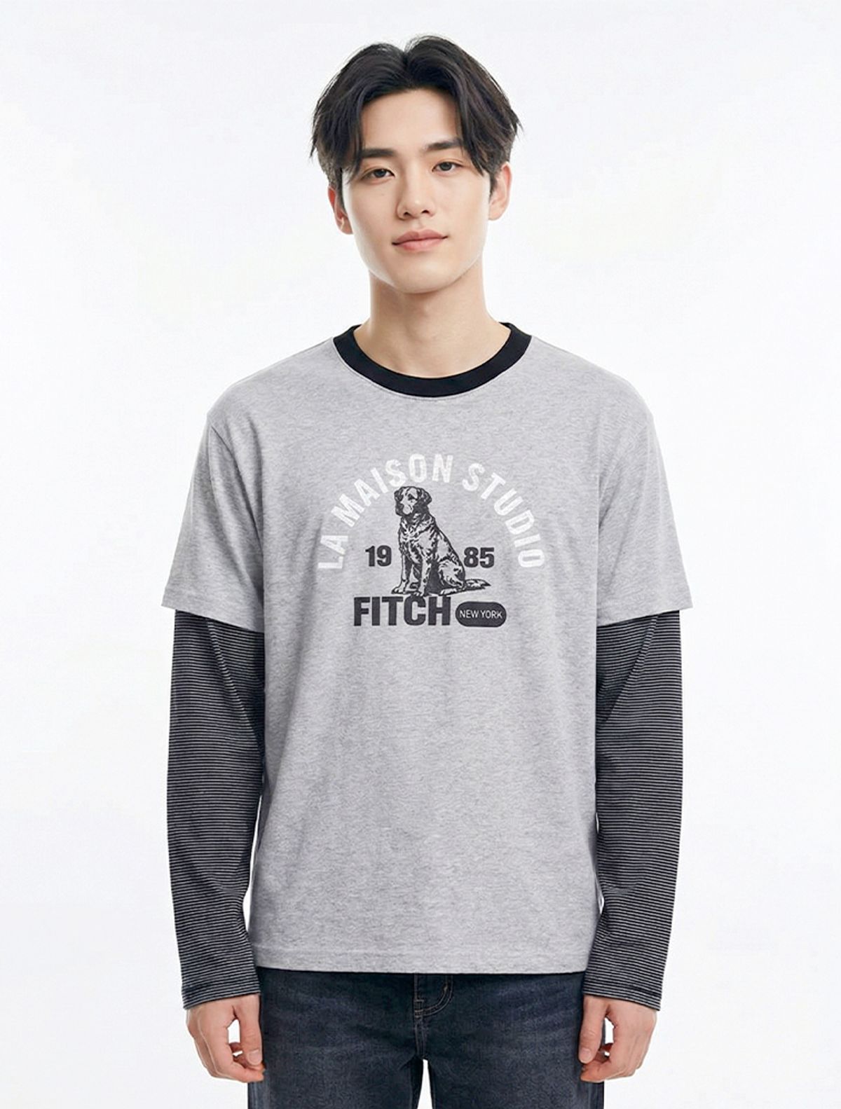 라 메종 스튜디오(LA MAISON STUDIO) RETRIVER STRIPE LAYERED LONG SLEEVE MELANGRAY(FCG1TS685M)