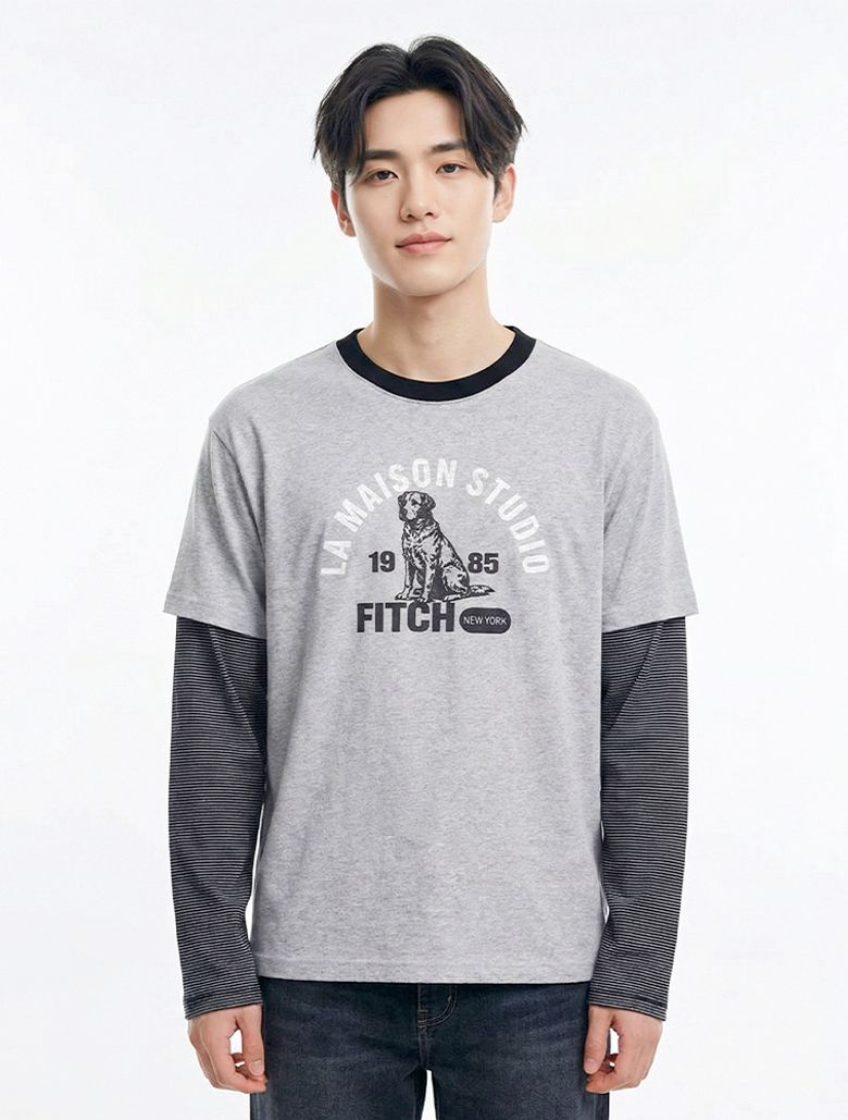 RETRIVER STRIPE LAYERED LONG SLEEVE MELANGRAY(FCG1TS685M)