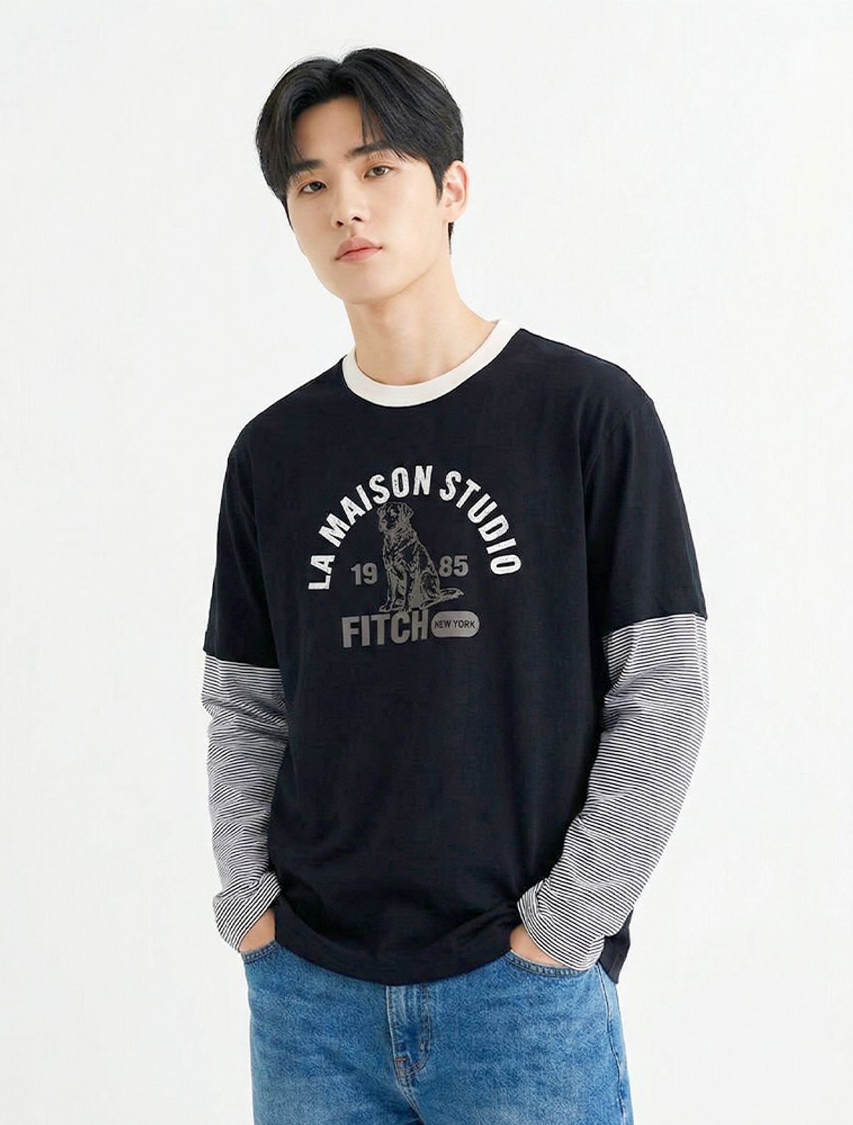 라 메종 스튜디오(LA MAISON STUDIO) RETRIVER STRIPE LAYERED LONG SLEEVE BLACK(FCG1TS685M)