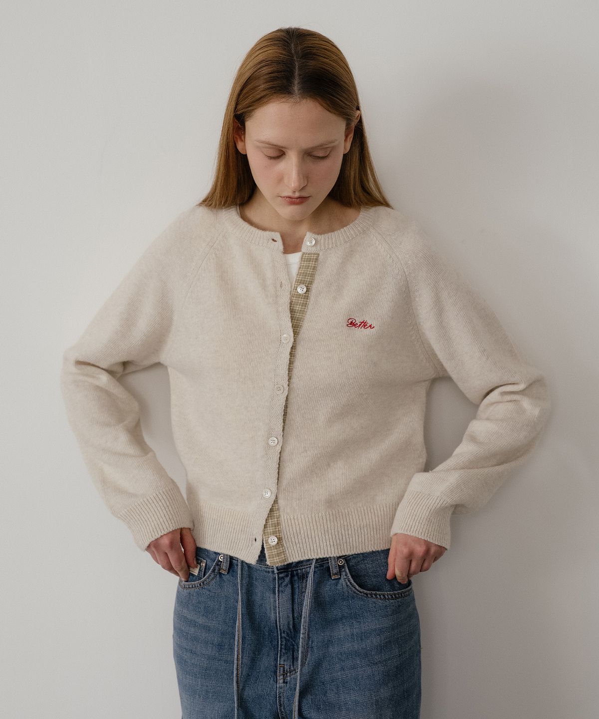 노운베러(KNOWNBETTER) Check pointed round cardigan [KNSS05CD03]_Light khaki