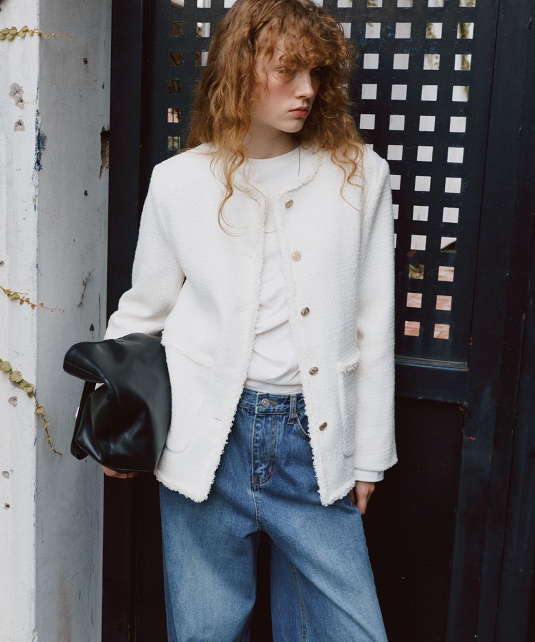 Fringe trimming tweed jacket [KNSS05JK03]_Ivory