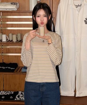 스트라이프 라운드 티셔츠 / 베이지