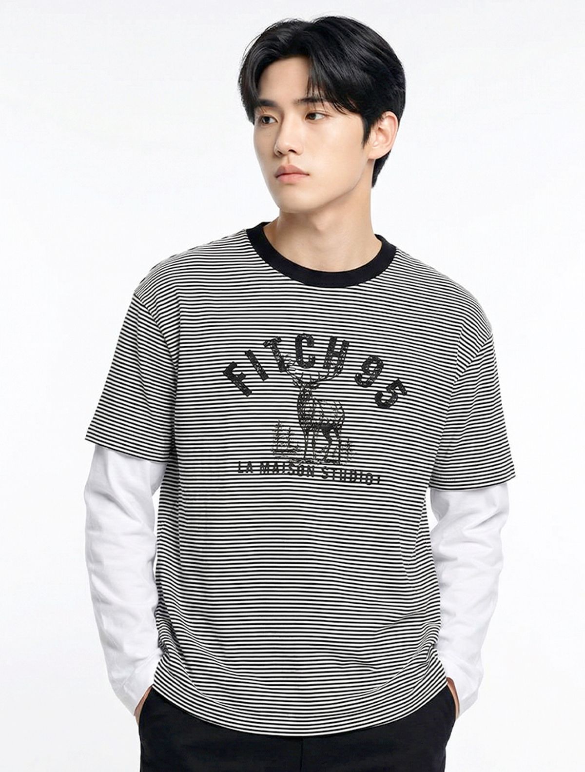 라 메종 스튜디오(LA MAISON STUDIO) DEER STRIPE LAYERED LONG SLEEVE T-SHIRT BLACK(FCG1TS686M)