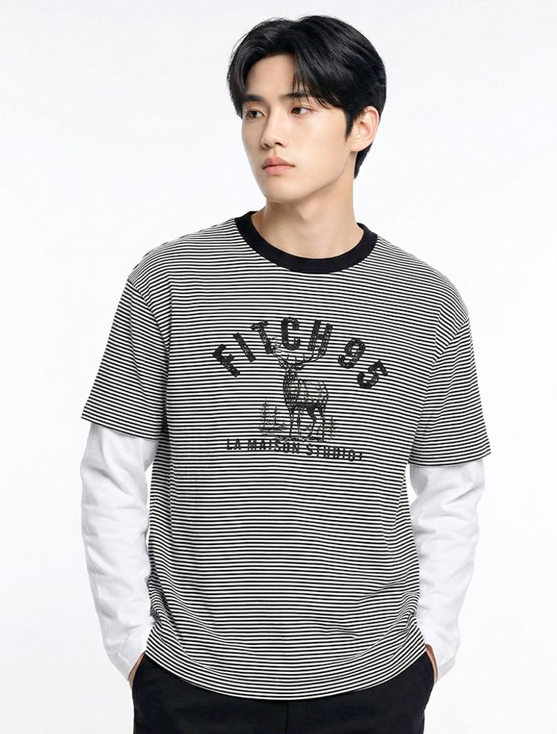 DEER STRIPE LAYERED LONG SLEEVE T-SHIRT BLACK(FCG1TS686M)
