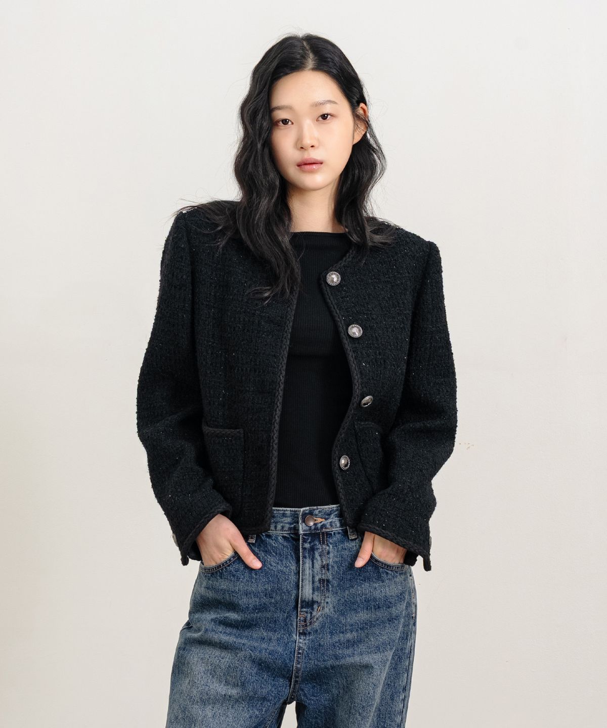 클루니(CLUNY) Glowline Wool Tweed Jacket - Black