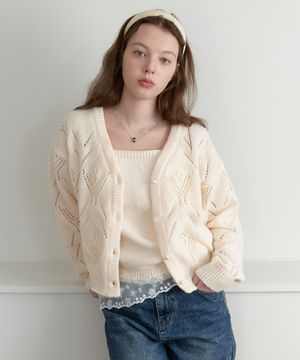 [SET] Stitch lace pointelle knit cardigan - butter