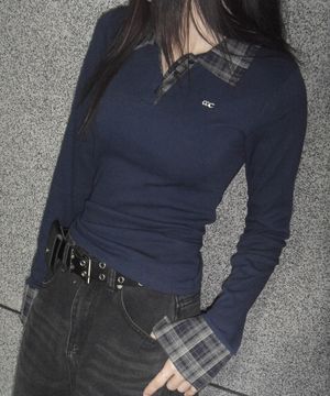체크 포인트 슬림 카라 롱슬리브 네이비