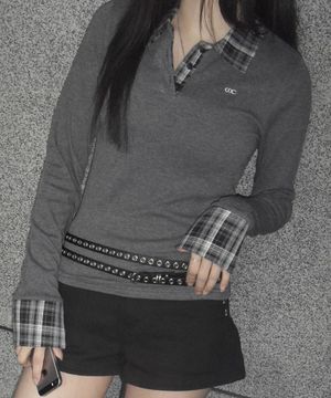 체크 포인트 슬림 카라 롱슬리브 차콜