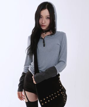 스트라이프 버튼 슬림 후디 [스카이블루]