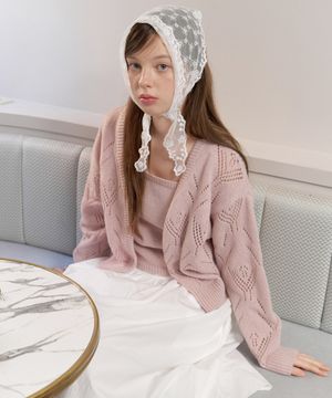 [SET] Stitch lace pointelle knit cardigan - indi pink