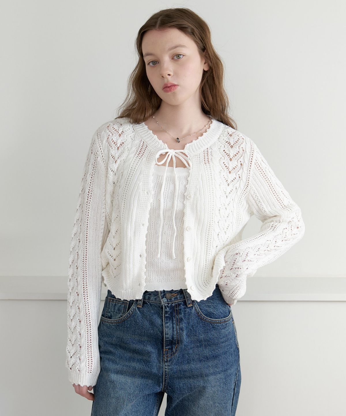 클루니(CLUNY) [SET] Daisy leaf scallop knit cardigan - white