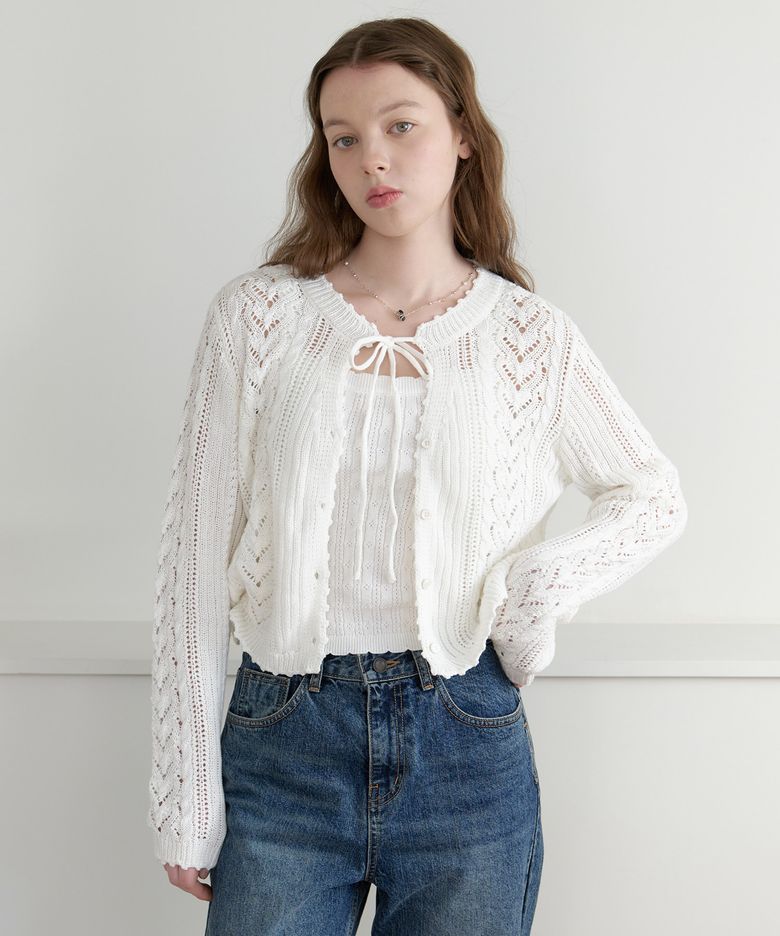 [SET] Daisy leaf scallop knit cardigan - white