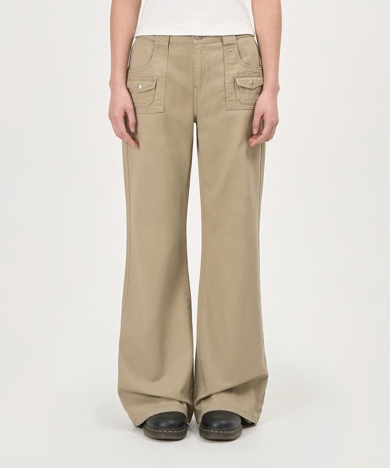 Mini Pocket Boots Cut Cotton Pants (Beige)