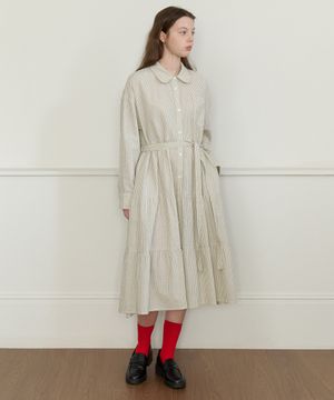 Round collar stripe shirt dress - beige