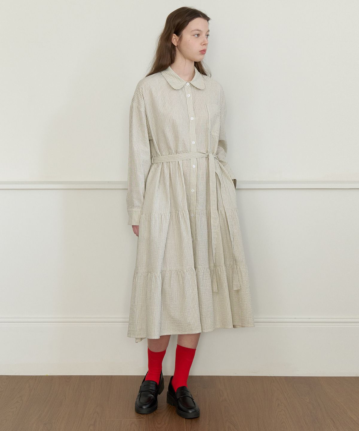 클루니(CLUNY) Round collar stripe shirt dress - beige