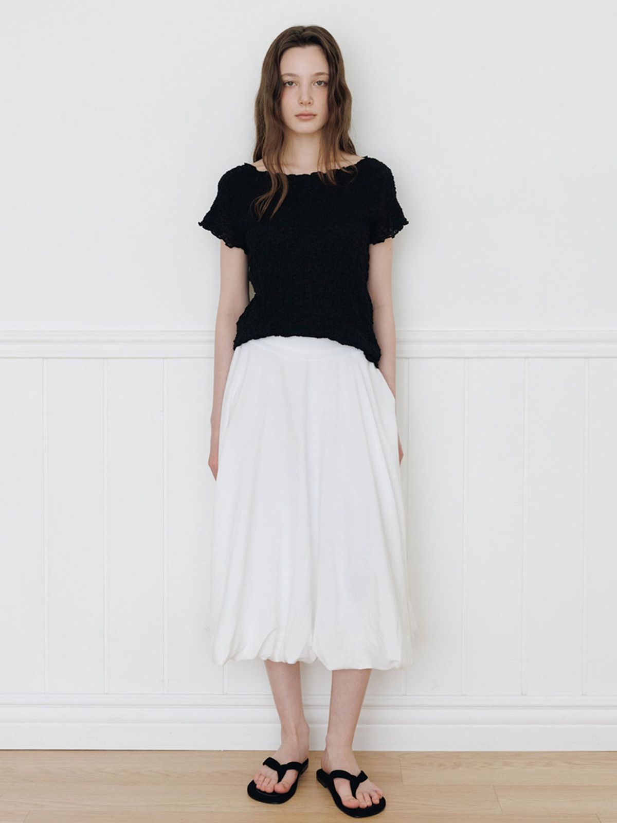 더라이(THERYE) Balloon Banding Midi Skirt(White)