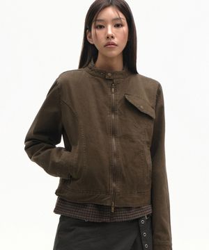 빈티지 샌드 인시전 코튼 워싱 싱글 카라 세미 피티드 라이더 자켓 [브라운]