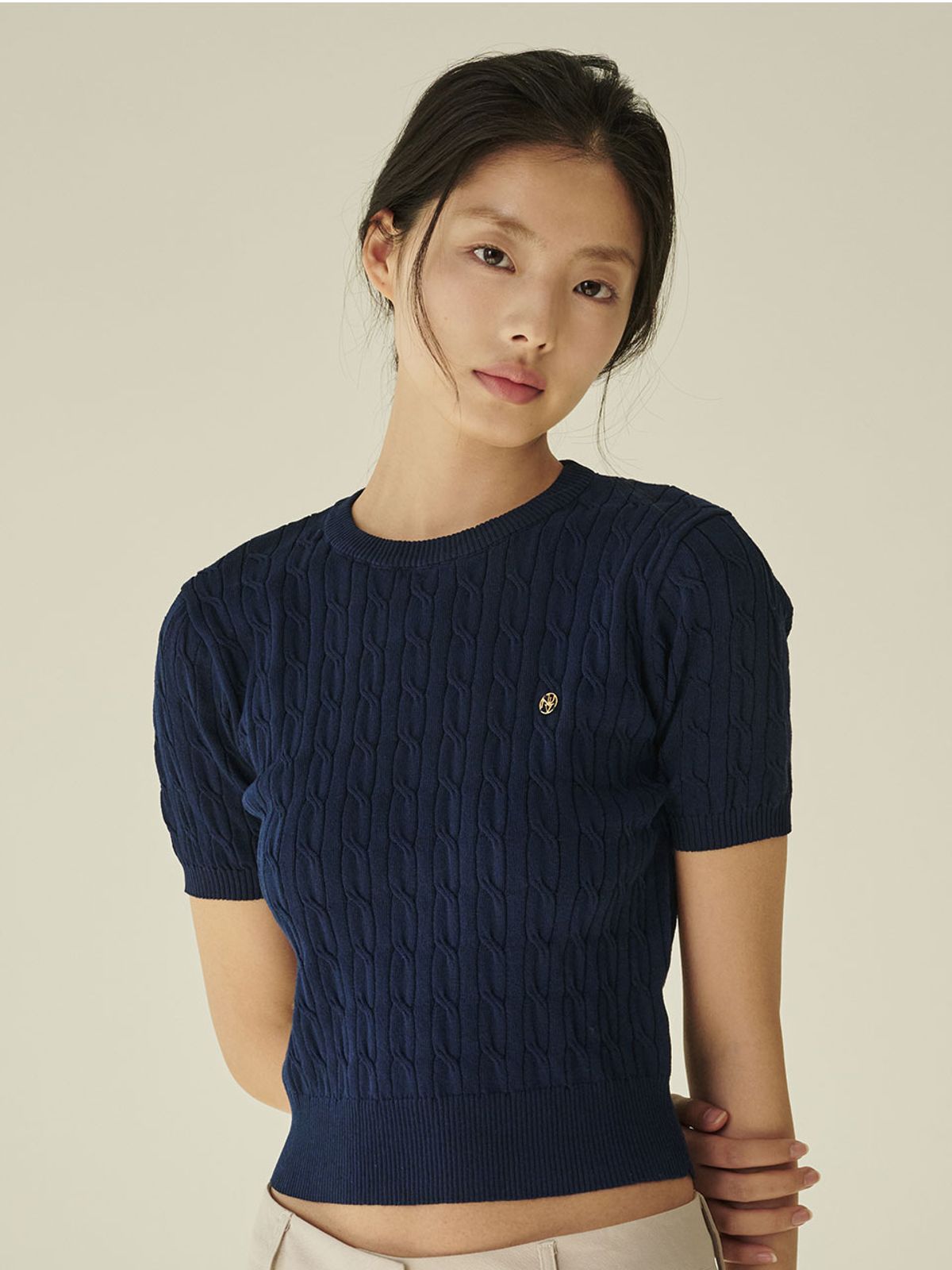 누브(NOUVE) 써머 케이블 라운드 니트 - 네이비 / Summer Cable Round Knit - Navy