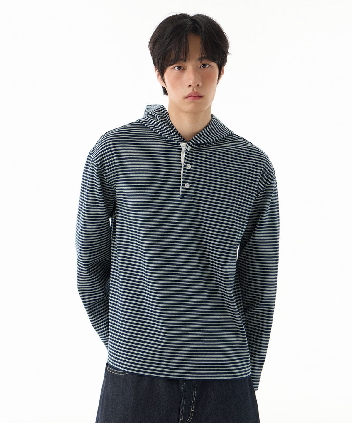 낫온리포투데이(NOT ONLY FOR TODAY) 스트라이프 버튼 풀오버 후드티 [네이비]
