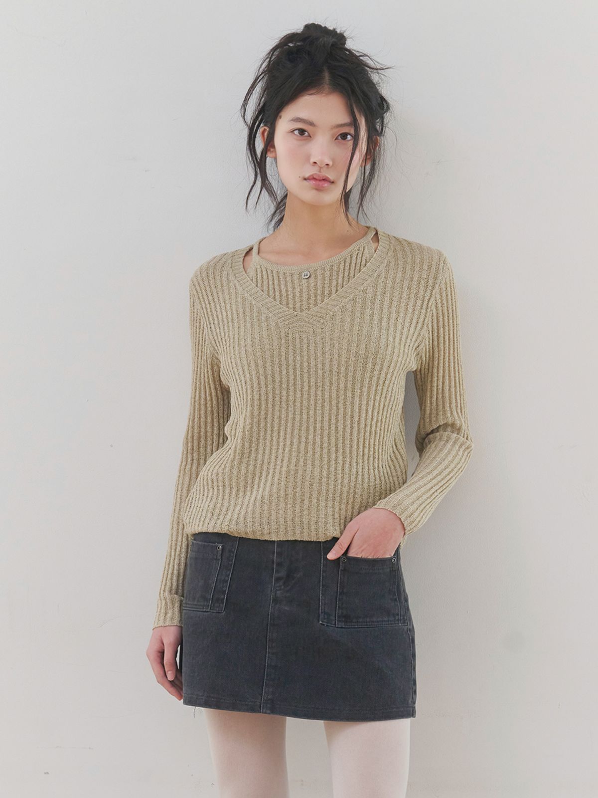 쿨키튼(KOOLKITTEN) [빈티지무드/벨트포함/몸매보정] 빈티지 포켓 벨트 미니 스커트 (GRAY)