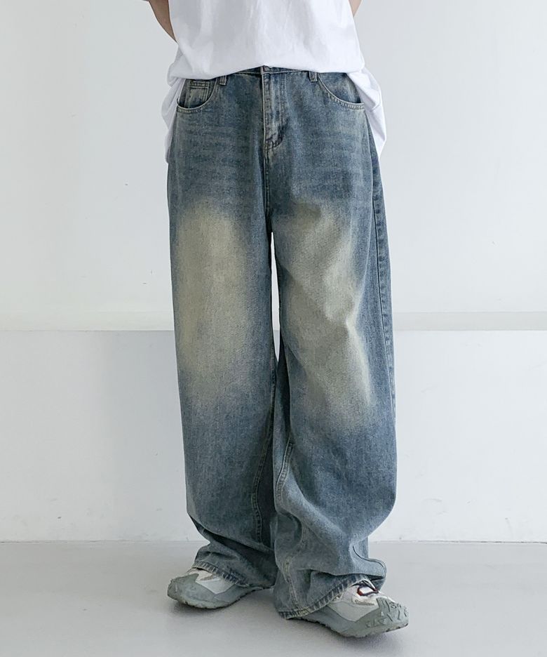 [UNISEX] 워싱 벌룬 와이드핏 사이드 핀턱 민트 데님 팬츠 [빈티지진청]