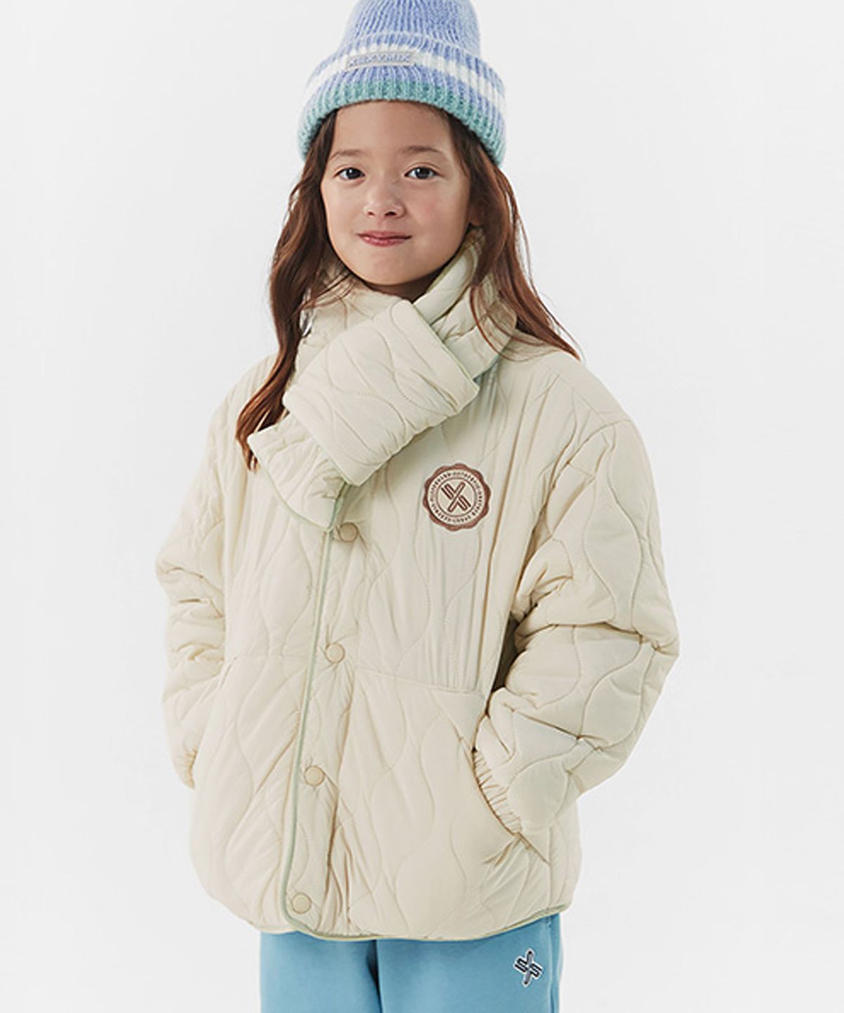 젝시믹스 키즈(XEXYMIX KIDS) 웨이브 퀼팅 목도리 점퍼 크림 KA1003G