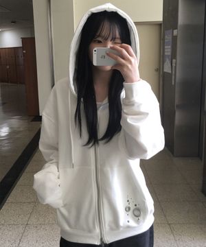 에센셜 아일렛 포인트 스웨트 오버핏 코튼 긴팔 후드 집업 자켓  [화이트]