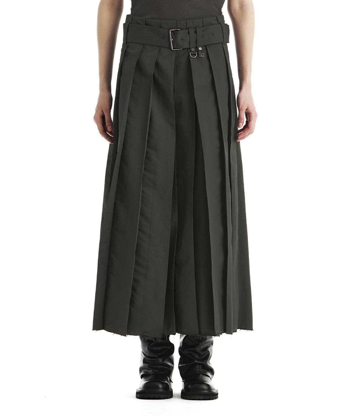 트리밍버드(TREEMINGBIRD) Belted Deep Pleat Skirt [ Dark Khaki ]