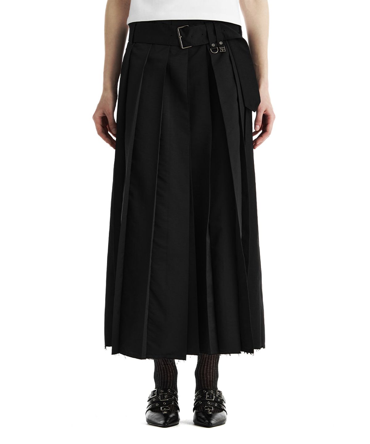 트리밍버드(TREEMINGBIRD) Belted Deep Pleat Skirt [ Black ]