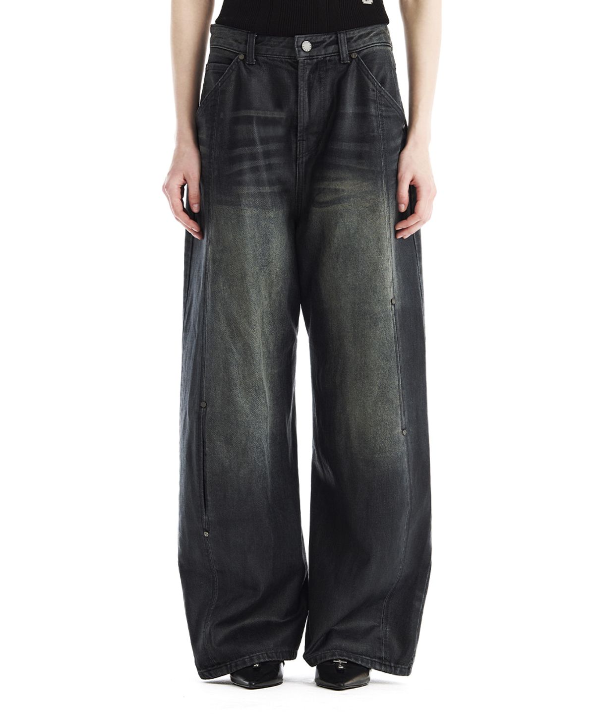 트리밍버드(TREEMINGBIRD) Rivet Slit Coated Denim Pants [ Dark Navy ]