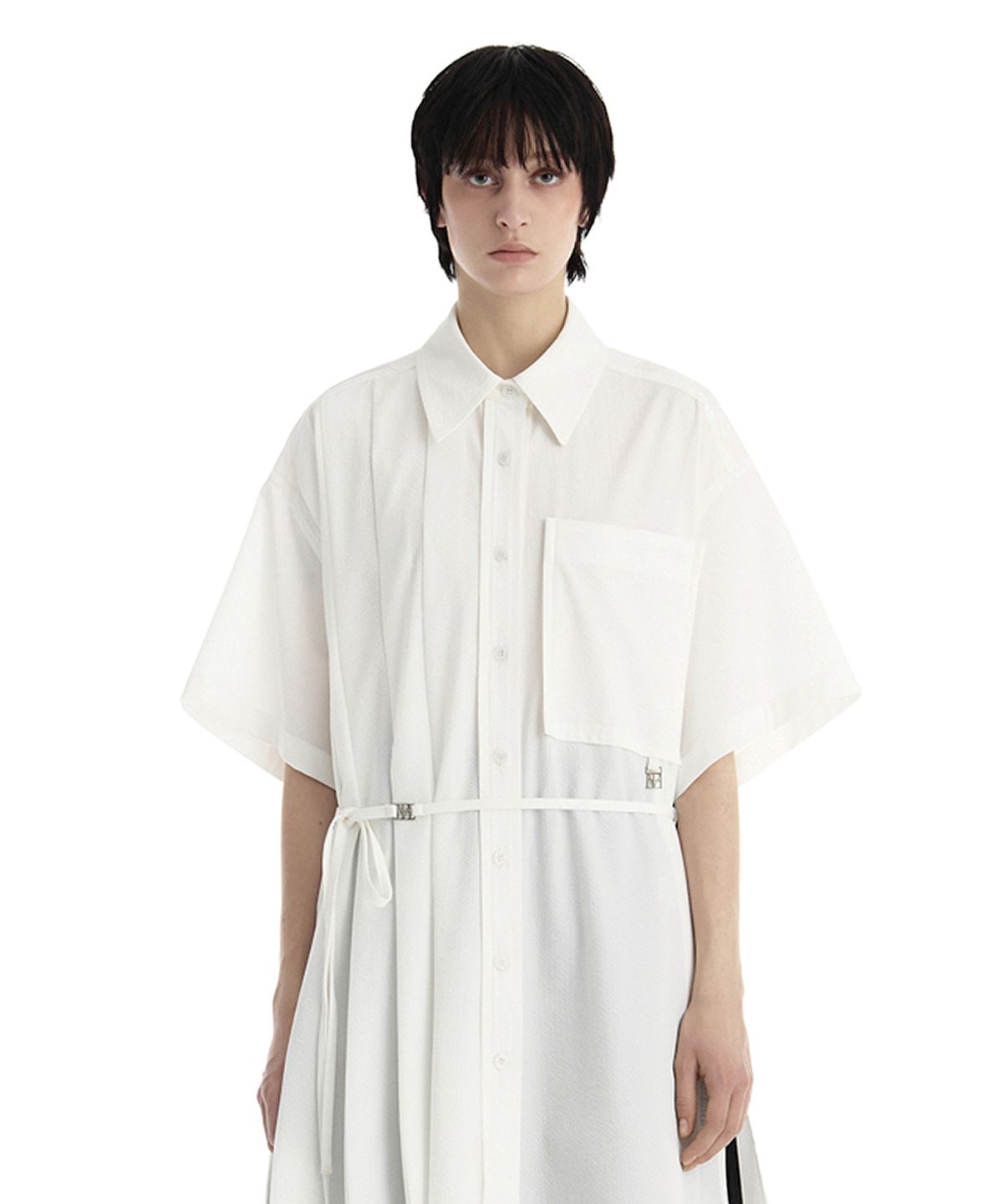 트리밍버드(TREEMINGBIRD) Pleated Daddy Fit Short Sleeve Shirt [ White ]