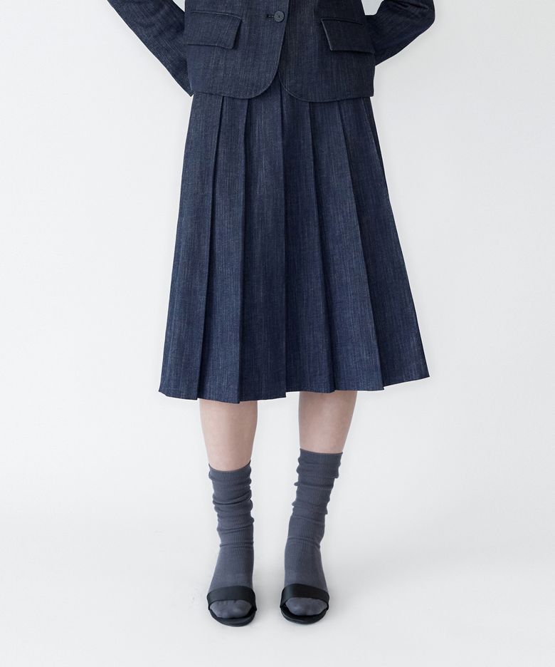 Denim Pleated Skirt(Indigo Denim)