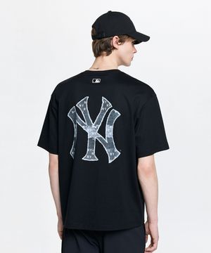 빈티지 데님라이크 모노그램 빅럭스 오버핏 반팔 티셔츠 NY (Black)