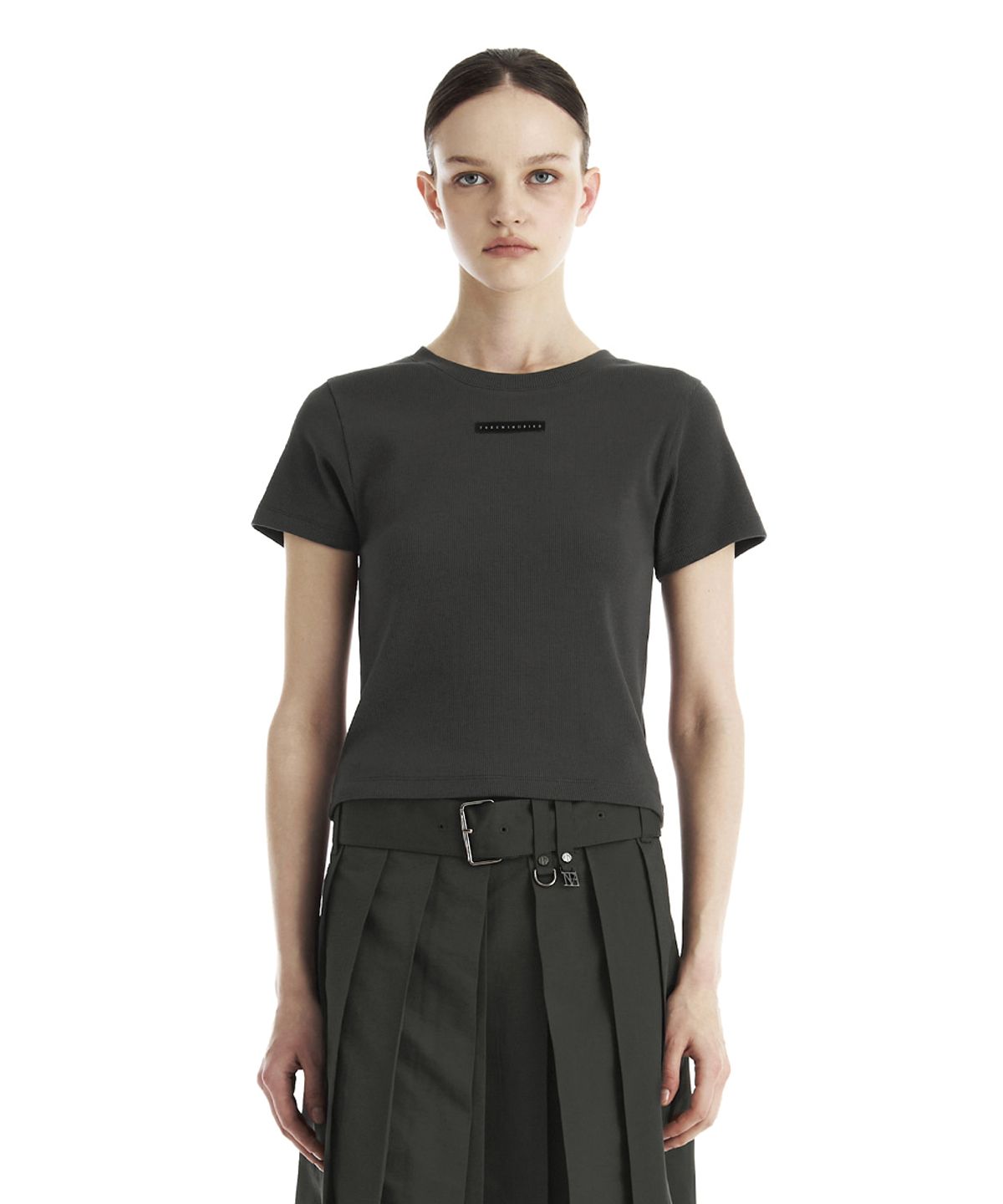 트리밍버드(TREEMINGBIRD) Slim-Fit Ribbed Short Sleeve T-Shirt [ Charcoal ]
