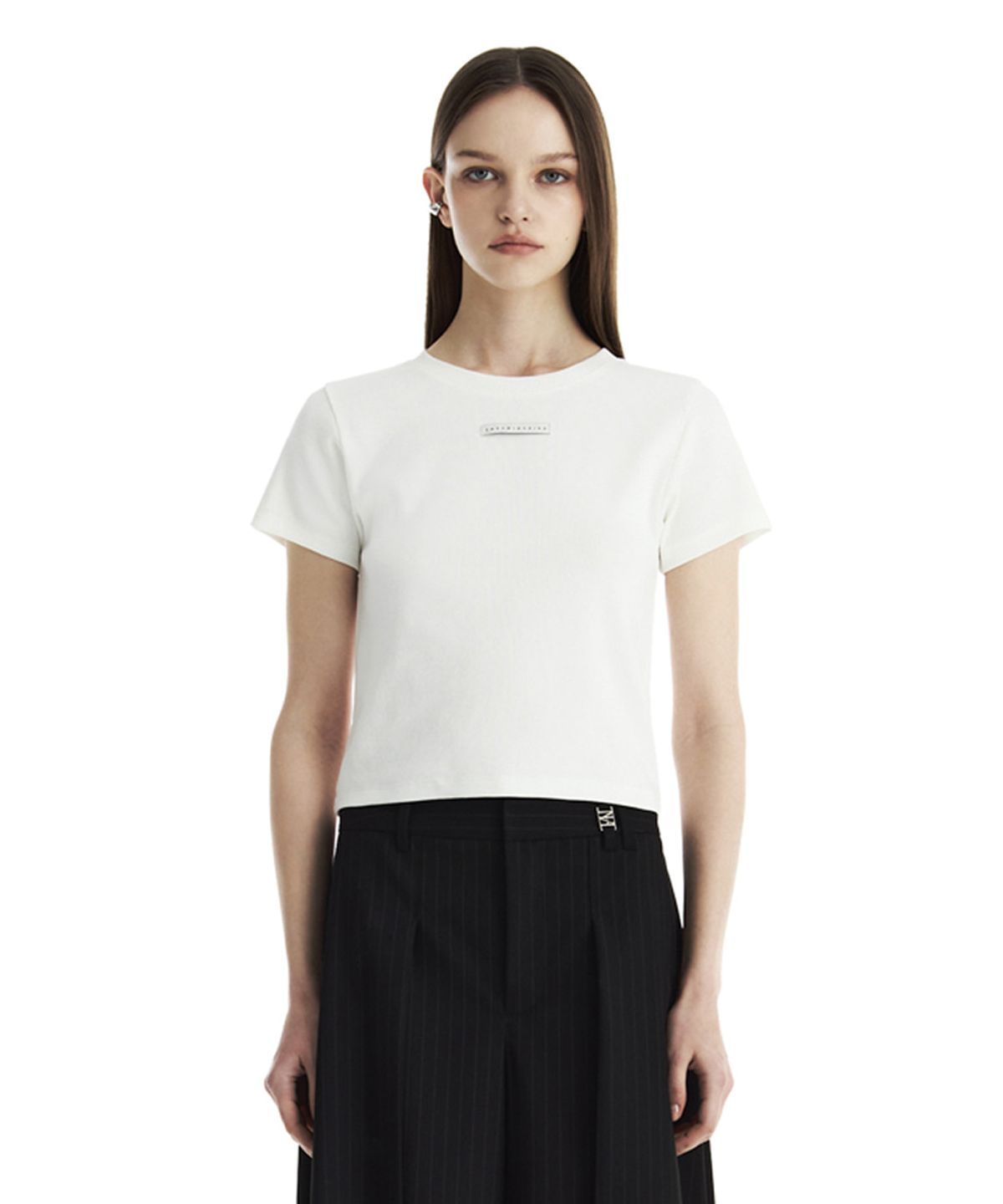 트리밍버드(TREEMINGBIRD) Slim-Fit Ribbed Short Sleeve T-Shirt [ White ]