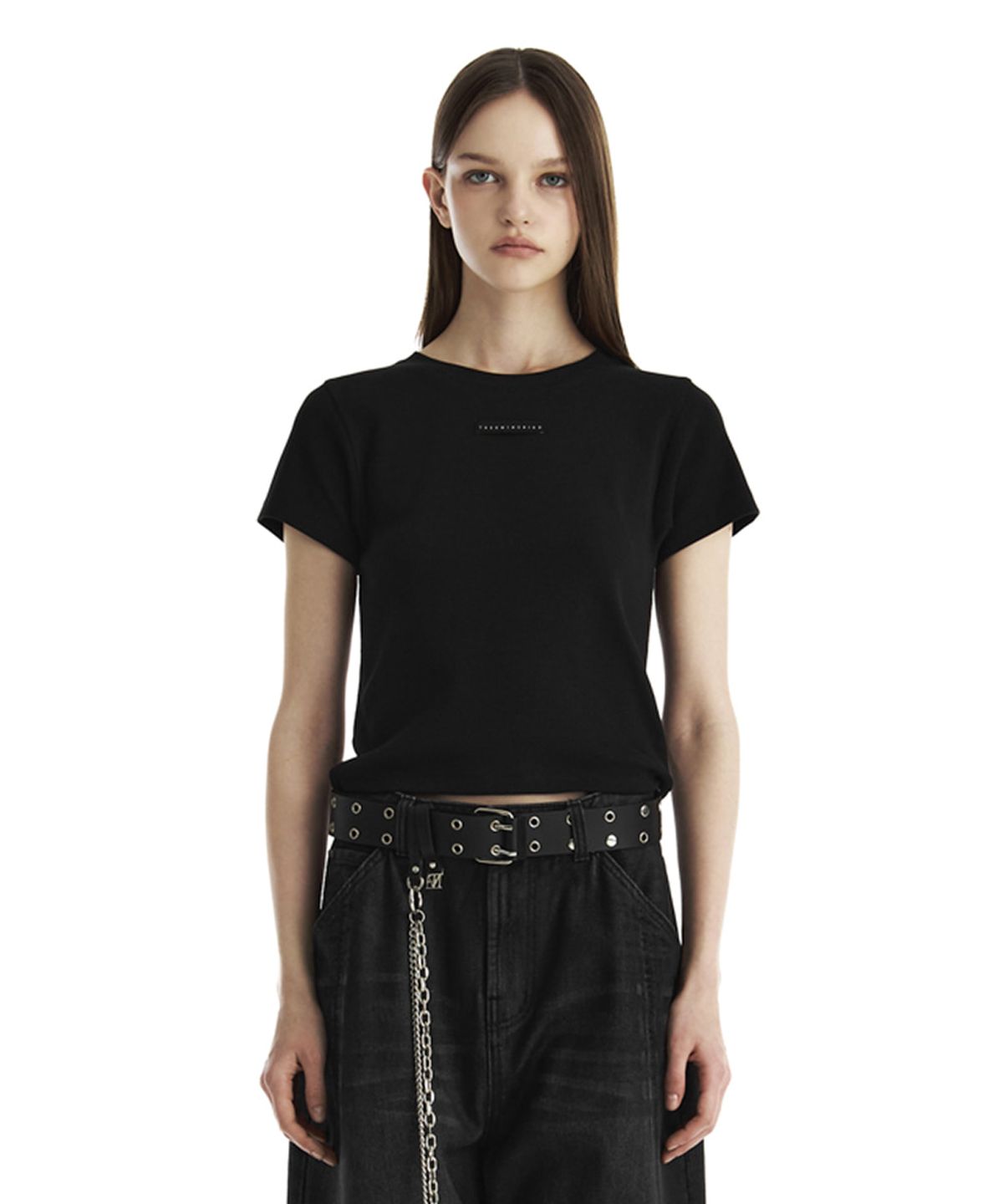 트리밍버드(TREEMINGBIRD) Slim-Fit Ribbed Short Sleeve T-Shirt [ Black ]