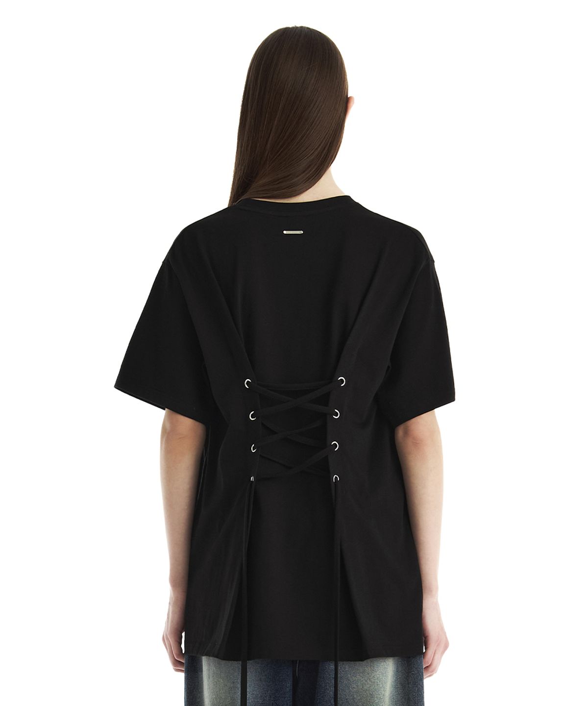 트리밍버드(TREEMINGBIRD) Back Lace-Up Corset T-Shirt [ Black ]