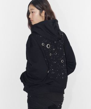 에센셜 아일렛 포인트 스웨트 오버핏 코튼 긴팔 후드 집업 자켓  [블랙]