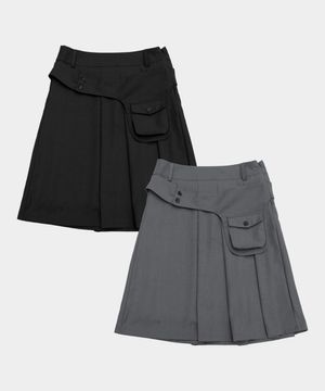 에센셜 버튼 포켓 벨티드 레이어드 언발 플리츠 미디 스커트 _3COLOR