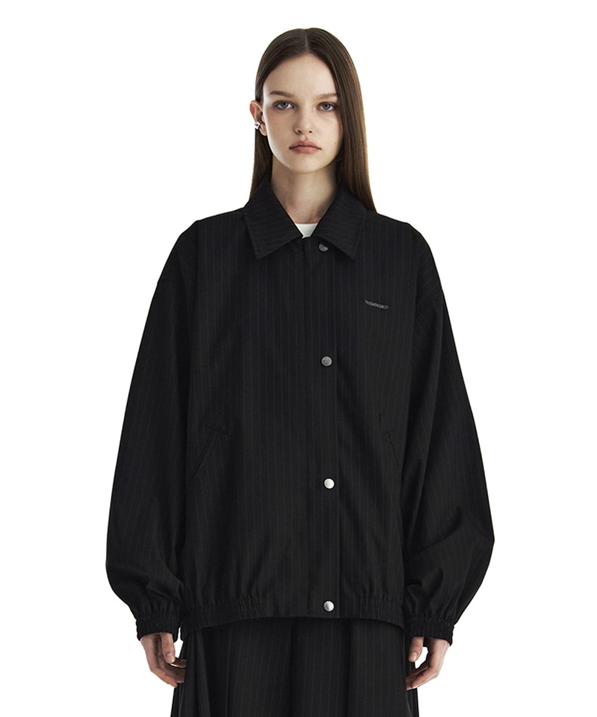 트리밍버드(TREEMINGBIRD) Stripe Oversized Blouson Set-Up Jumper [ Black ]