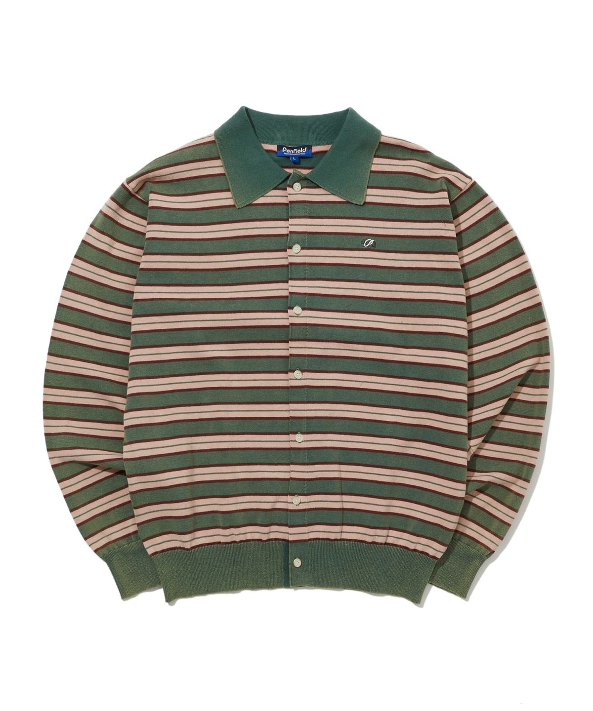 펜필드(PENFIELD) 스트라이프 카라 긴소매 니트 가디건 그린_FS1NJ20U
