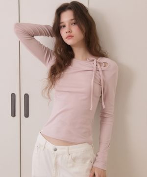 Side ribbon hole slim fit t shirts - 2color