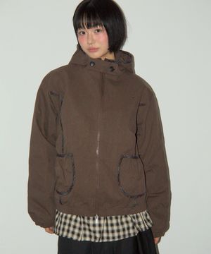 체크 포인트 캐주얼 비조 스냅 버튼 오버핏 후드 집업 점퍼 자켓 [브라운]