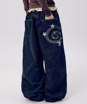 스팽글 스타 그래픽 내추럴 워시드 벌룬 와이드핏 데님 팬츠 [흑청]