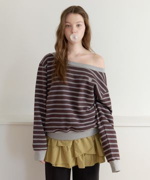 Stripe off shoulder sweatshirt - brown