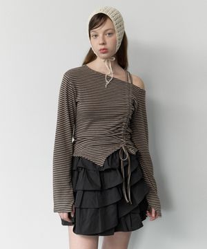 Offset shirring stripe top - brown