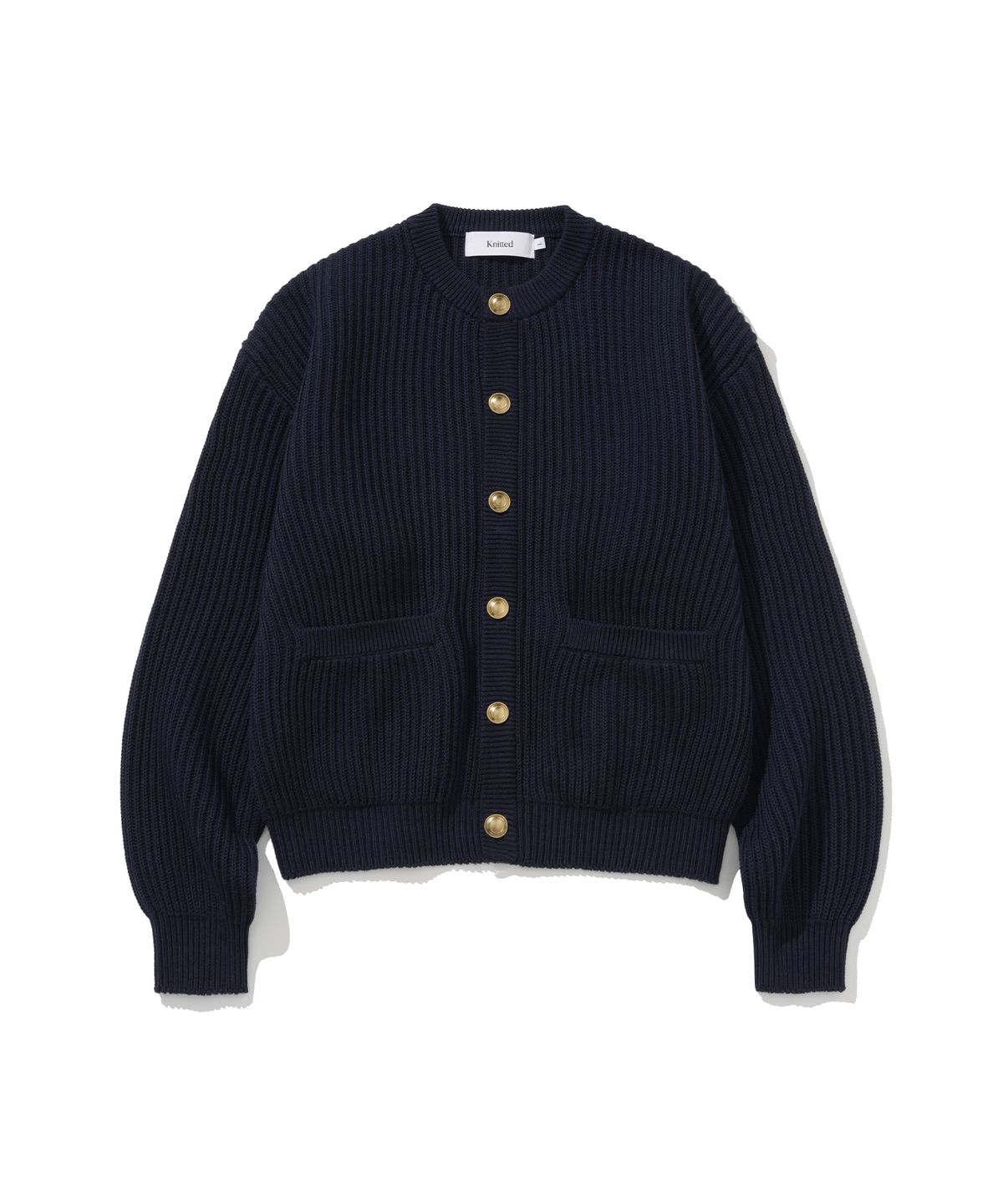 니티드(KNITTED) 헤비 와플 골드 버튼 라운드 가디건 NAVY
